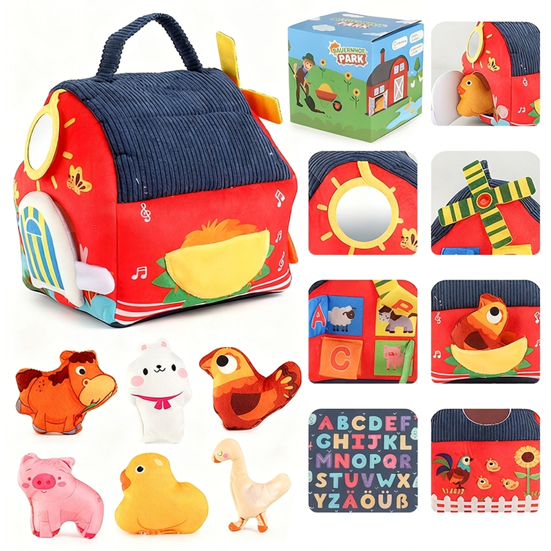 🐄 50 % RABATT! ✨ Interaktives Plüsch-Bauernhaus-Spielset – 6 Erlebnisbereiche mit Spiegel & Alphabet-Klappen, niedliche Tierhandpuppen & tragbares Aufbewahrungsdesign – Spielerisches Frühlernen für Kleinkinder 🐏