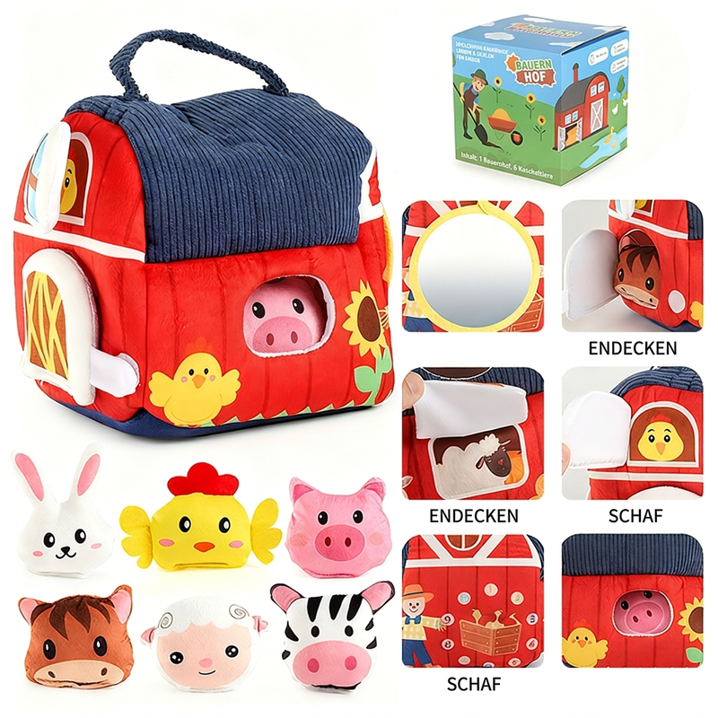 🐄 50 % RABATT! ✨ Interaktives Plüsch-Bauernhaus-Spielset – 6 Erlebnisbereiche mit Spiegel & Alphabet-Klappen, niedliche Tierhandpuppen & tragbares Aufbewahrungsdesign – Spielerisches Frühlernen für Kleinkinder 🐏