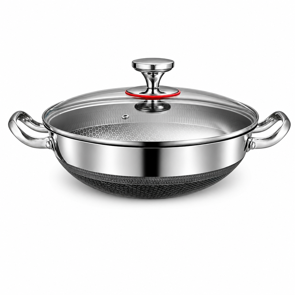🍳 50 % RABATT 🥘 Verdickter Edelstahl-Antihaft-Wok mit Deckel, flacher Boden, zwei Griffe, hitzebeständig & leicht zu reinigen ✨