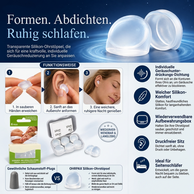 Formanpassbare Silikon-Ohrstöpsel für den Schlaf