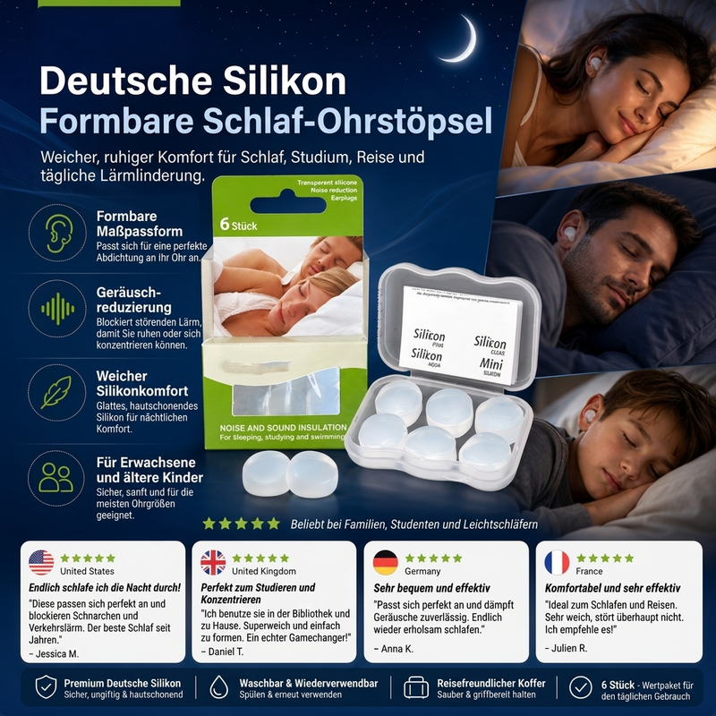 Formanpassbare Silikon-Ohrstöpsel für den Schlaf